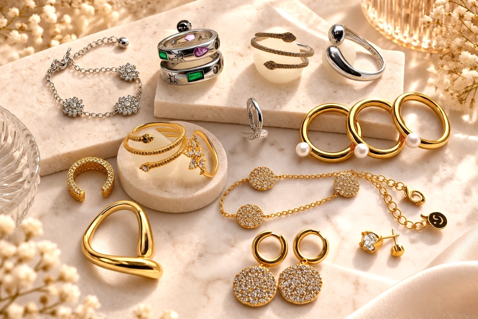 Gold rings, hoops and bracelets from the Ruby Pepper collection