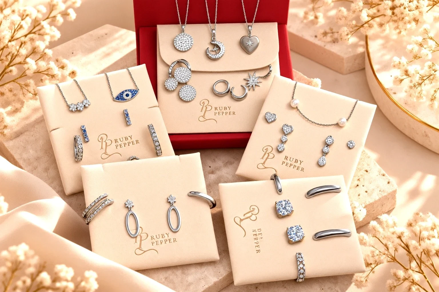 Ruby Pepper pouches with the silver collection