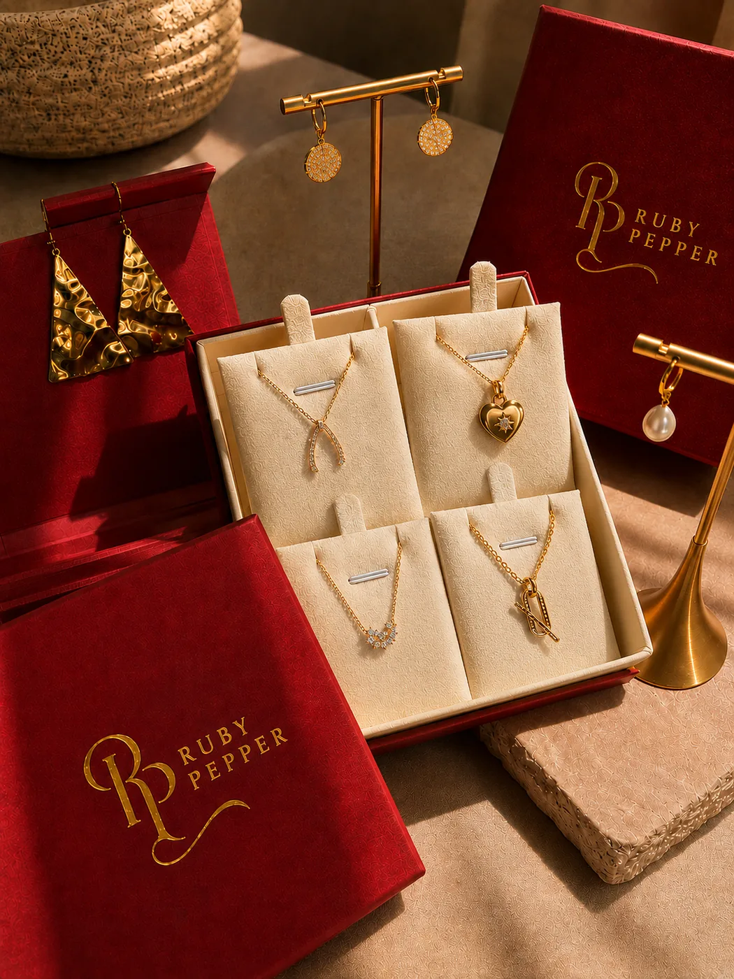 Ruby Pepper gift set with earrings on a gold stand