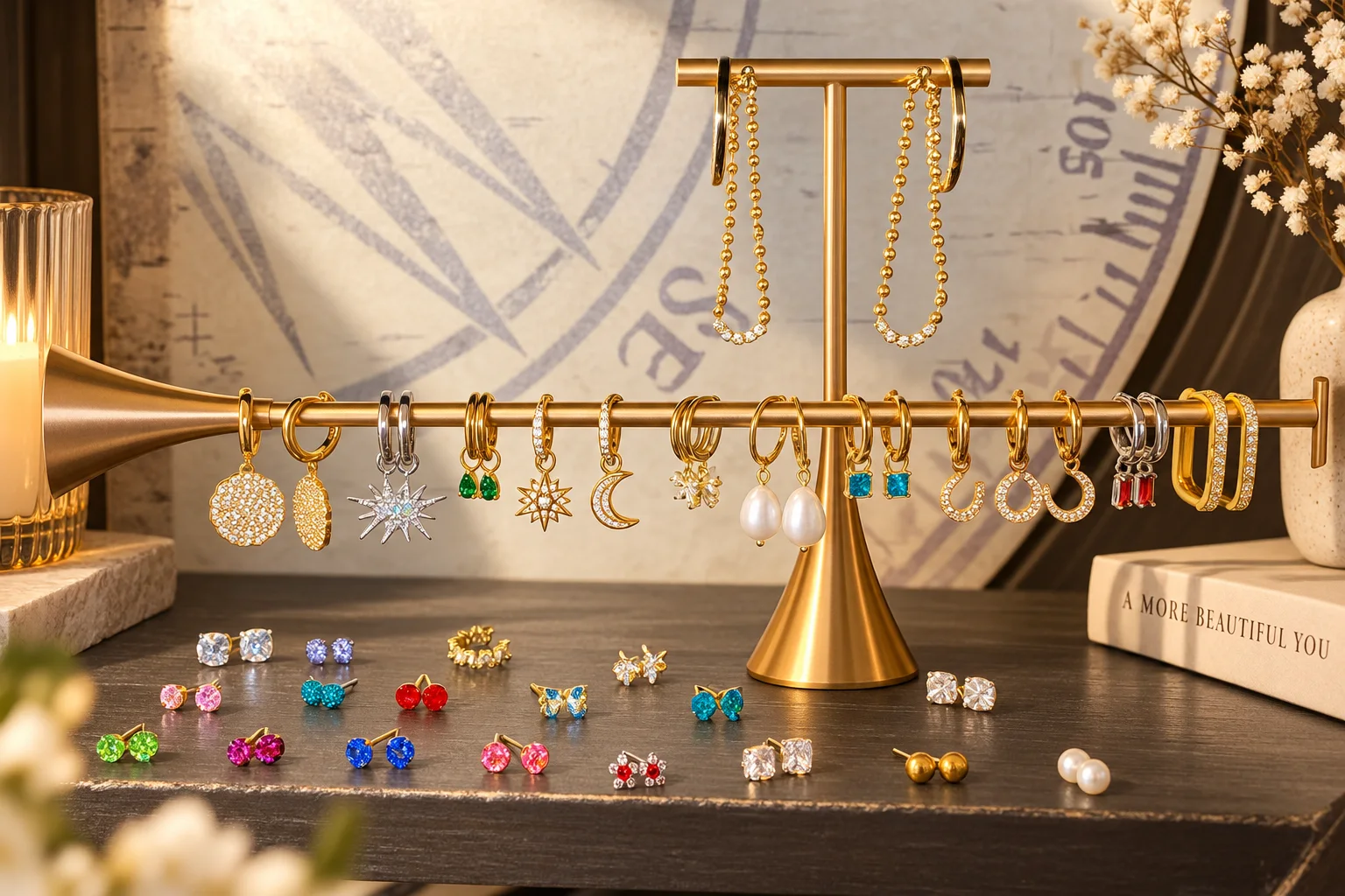 Gold hoops, huggies and charm earrings hanging from a gold T-bar stand, with coloured studs laid out beneath