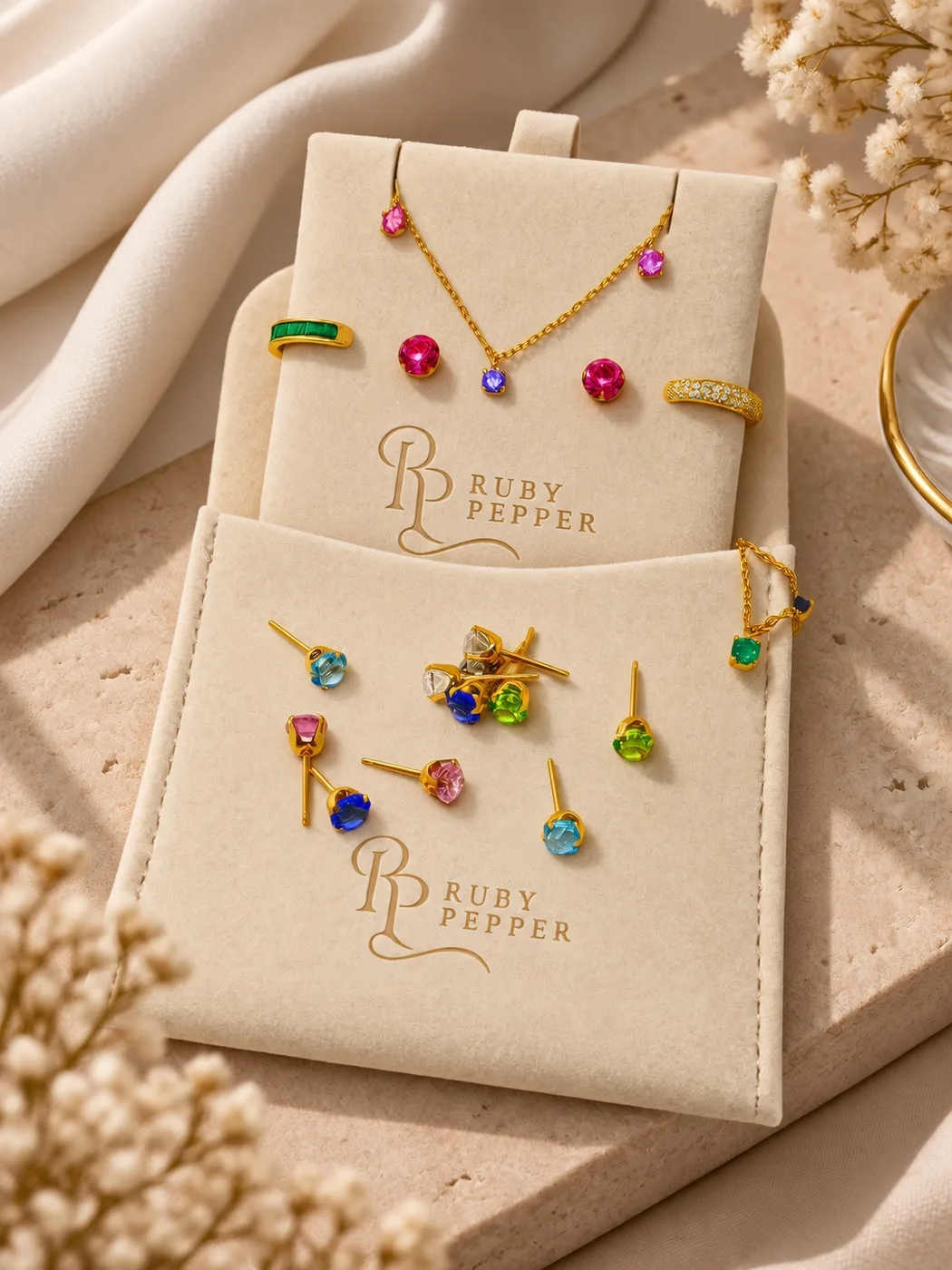 Coloured gemstone studs in a Ruby Pepper pouch
