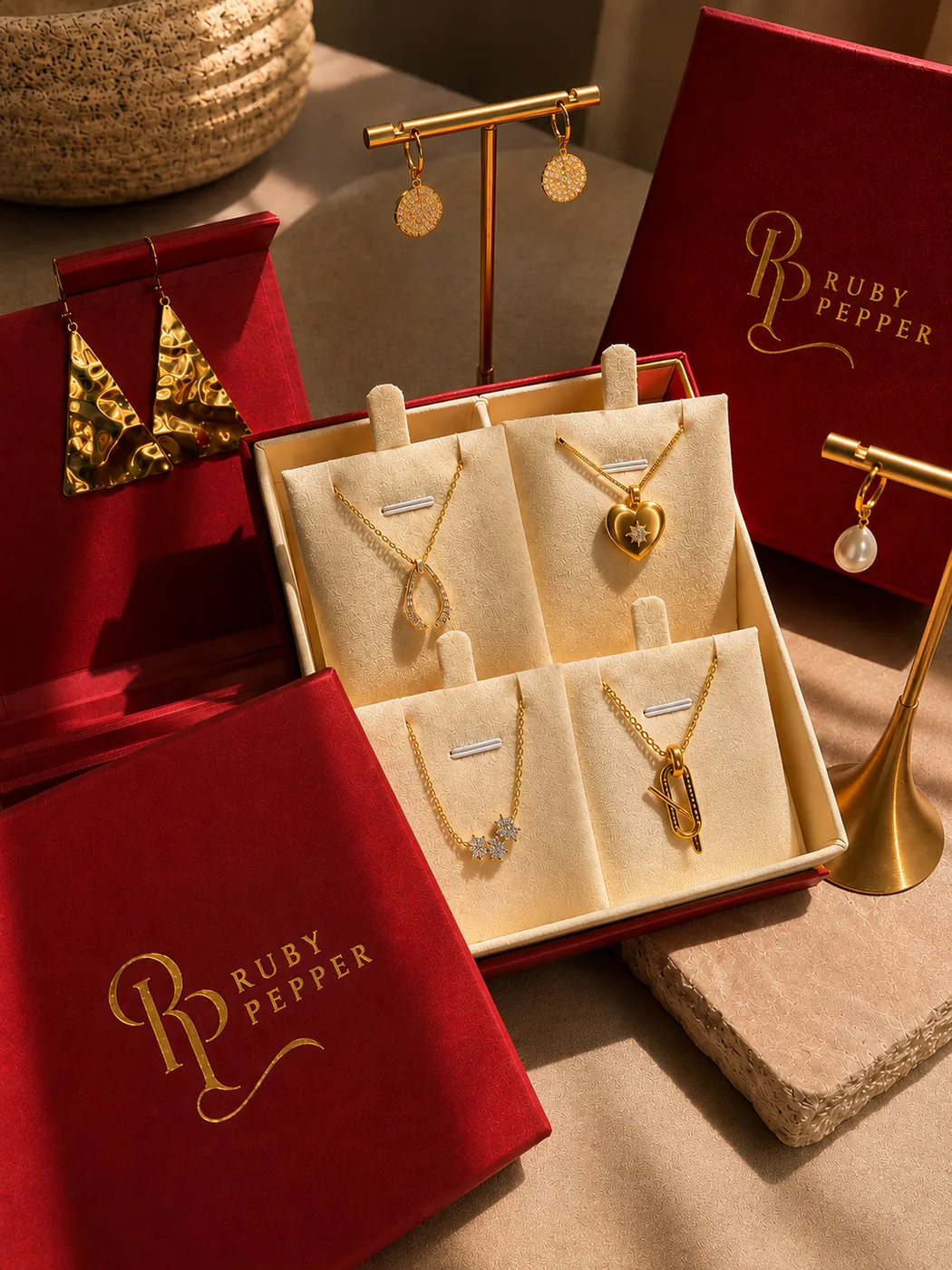 A set of gold hoops and a fine chain on a warm stone surface